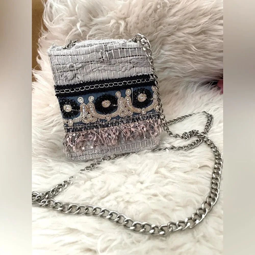 Handmade Woven Embroidered Bag with Silver Chain